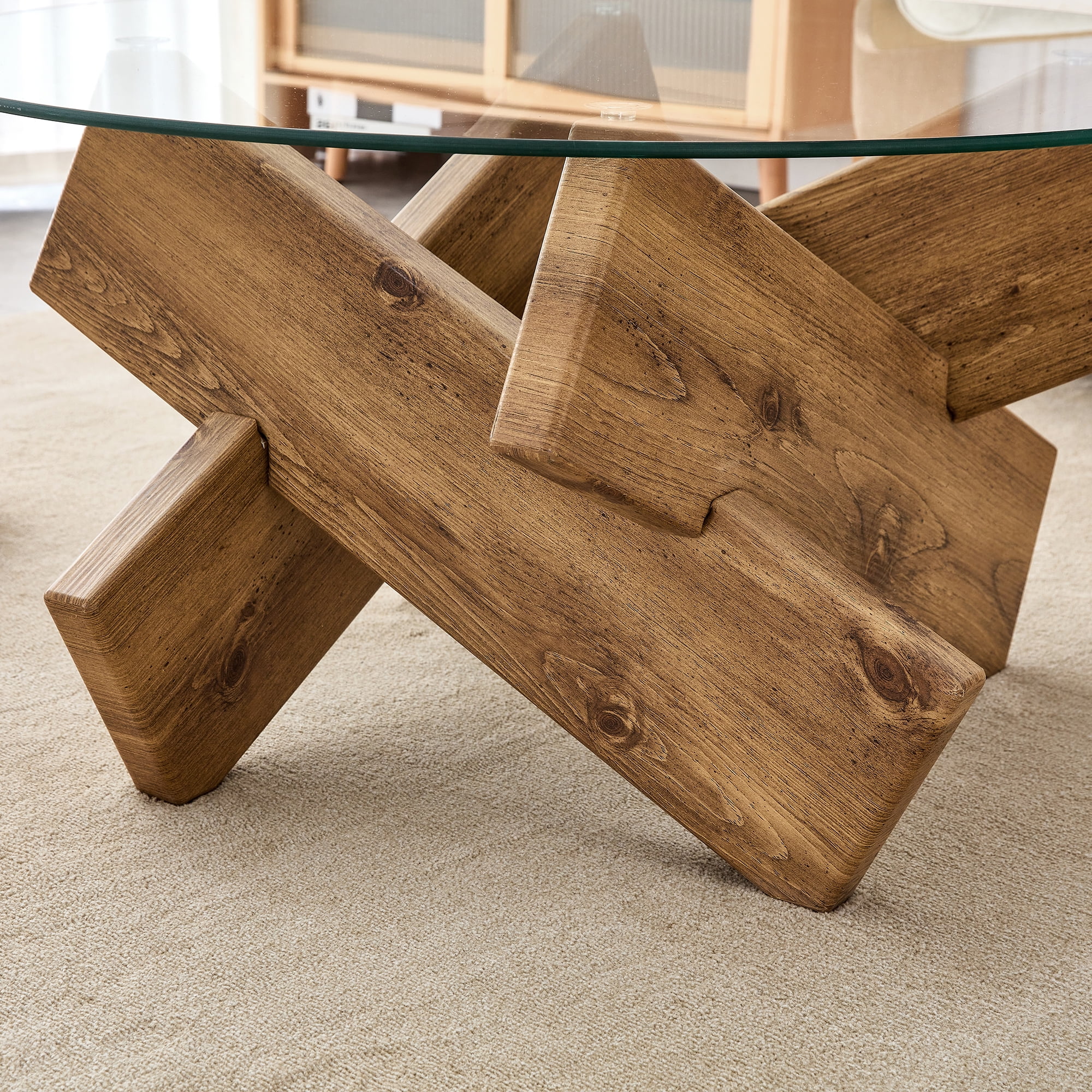 NYEESS 33.4" Round Glass Coffee Table, Tempered Glass Top with Rustic MDF Legs, Natural Farmhouse Style Living Room Accent Table