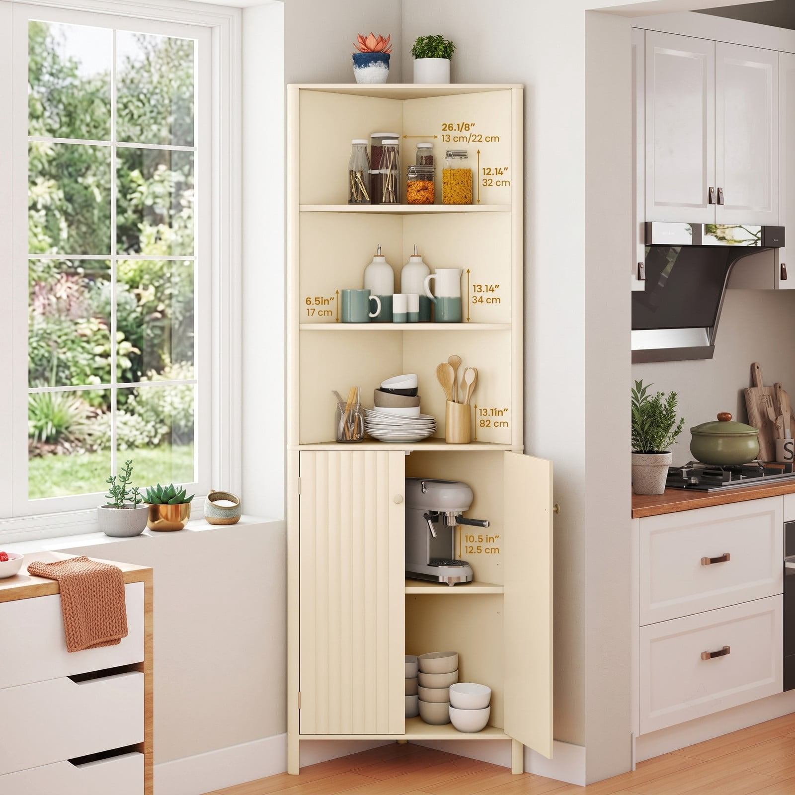 Fenbeli 68 Inch Tall Corner Cabinet, Freestanding Bathroom Storage Cabinet with 5 Shelves, 2 Fluted Doors, Adjustable Shelf and Anti-Tipping Kit for Living Room, Beige