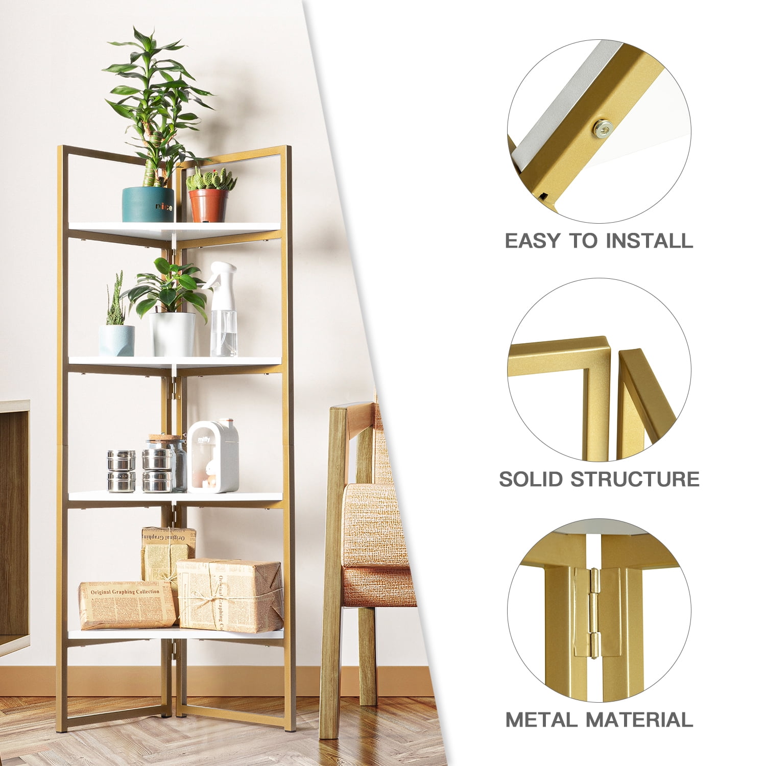 Yardi Yard White&Gold 4-Tier Corner Shelf, Wood and Metal Open Standing Storage Bookshelf Bookcase Yardi Yard White&Gold 4-Tier Corner Shelf, Wood and Metal Open Standing Storage Bookshelf Bookcase