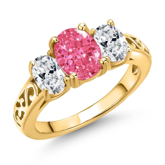 Gem Stone King 18K Yellow Gold Plated Silver Fancy Pink Zirconia and White Zirconia Filigree Style 3 Stone Ring for Women (2.07 Cttw, Oval 8X6MM and 6X4MM) (Size 5)