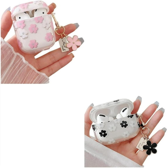 Compatible with AirPods 1/2 and Airpods Pro Clear Case,Cute Cartoon Flower Pattern Design with Floral Keychain, Soft TPU Protective Shockproof Case for AirPod 1&2 for Girls Women