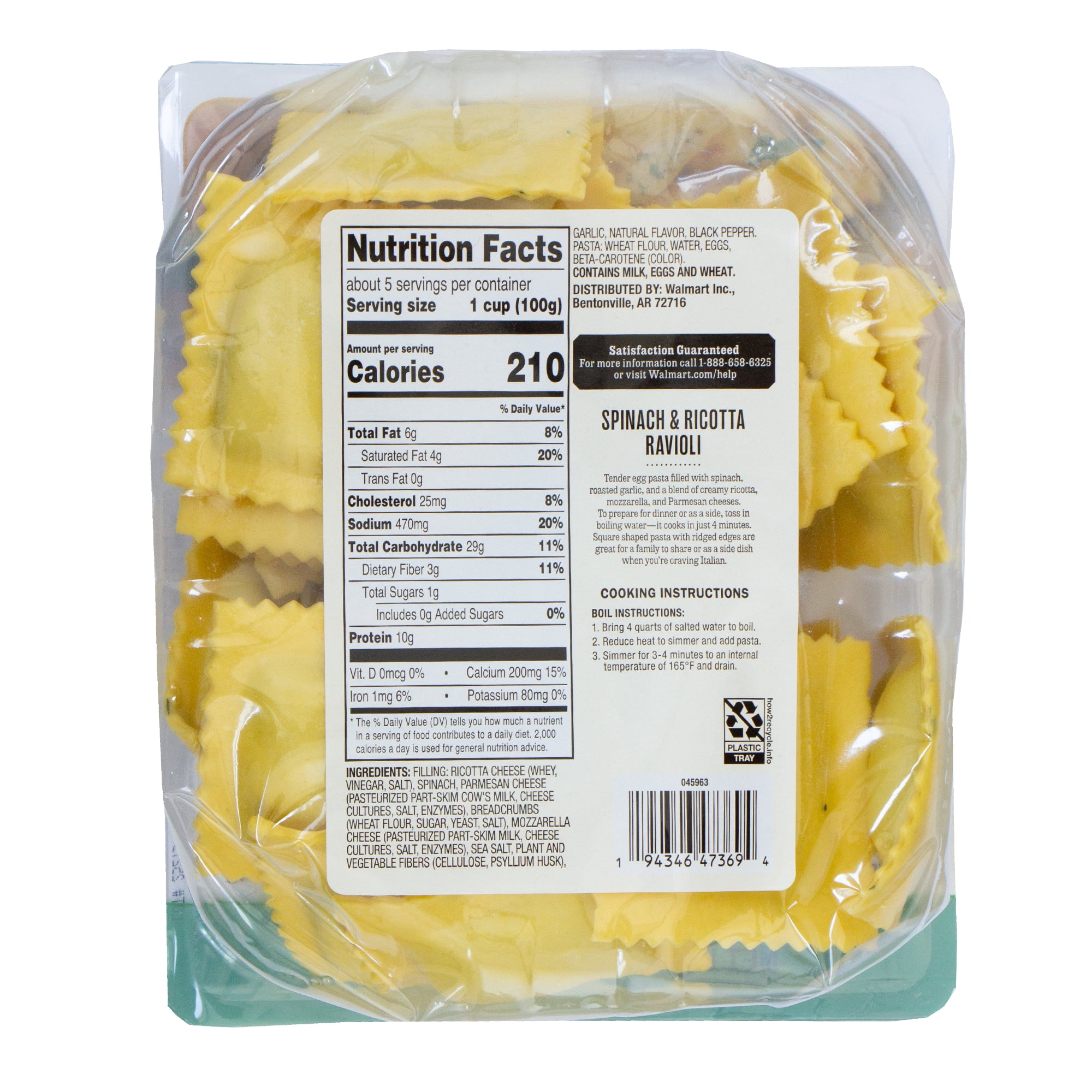Marketside Spinach and Ricotta Ravioli, No Artificial Ingredients, 18 oz Tray