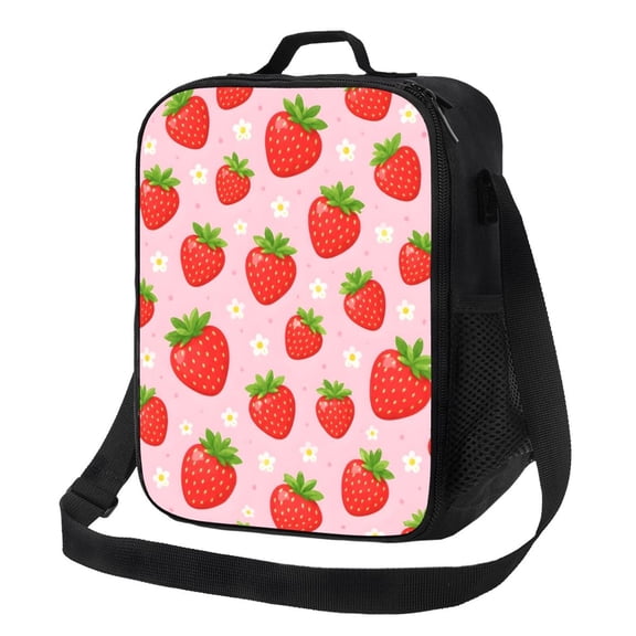 Strawberry Floral Lunch Bag Insulated Thermal Lunch Box with Shoulder Strap & Handle for Women and Men