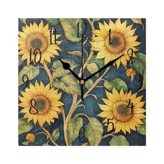 WOBOGO Sunflowers Wall Clock 7.78 Inch Battery Operated Silent Unit Square Rustic Vintage Style for Home Bedroom Office Black Pointer