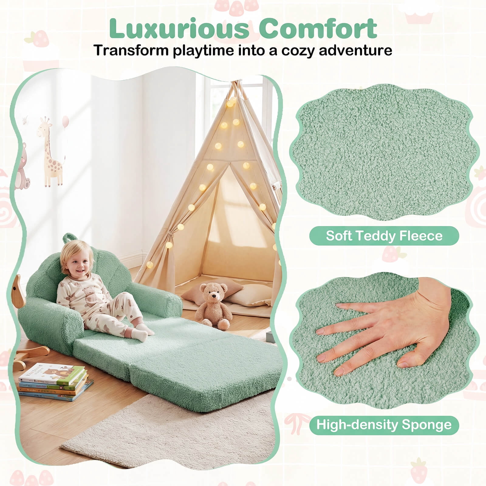 Infans Fold-out Kids Sofa 2-in-1 Convertible Toddler Couch & Lounger with Non-slip Base