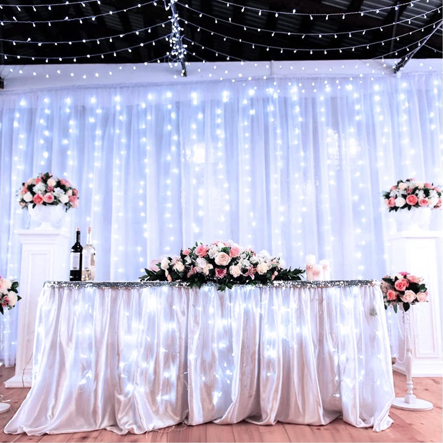 300 LED 9.8x9.8Ft White Curtain Lights with Remote, White Christmas Lights Indoor Plug in, 8 Modes White String Lights for Bedroom Wall Wedding Reception Party Backdrop Window Outdoor Decor