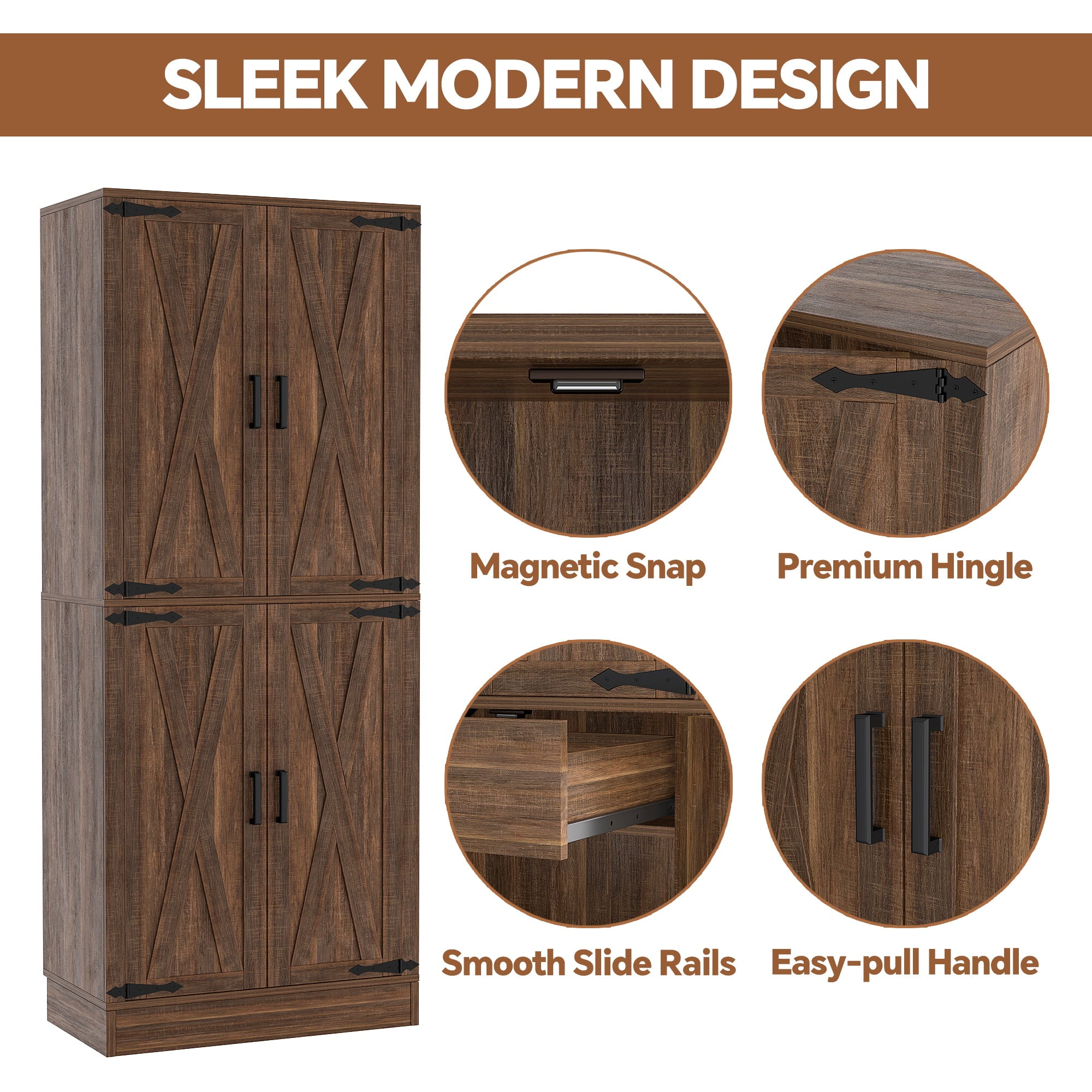 Homieasy 71'' Tall Farmhouse Pantry Cabinet with Drawer, 4-Door Pantry with Adjustable Shelves for Dining, Kitchen, Retro Brown