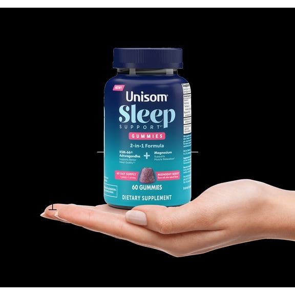 Unisom Sleep Support Gummies, 2-in-1 Magnesium Ashwagandha Drug-Free Formula, Supports Healthy Sleep Routines, Midnight Berry Flavor, 60 Count