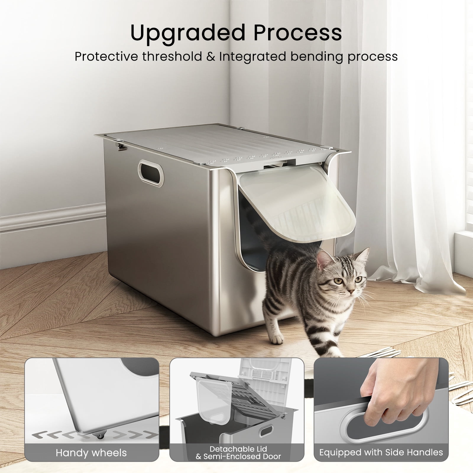 Ptlom Flip Top Stainless Steel Litter Box 22.8" x 14.9" x 14.5" Extra Large Metal Litter Box with Lid High-Sided One-Piece Litter Pan