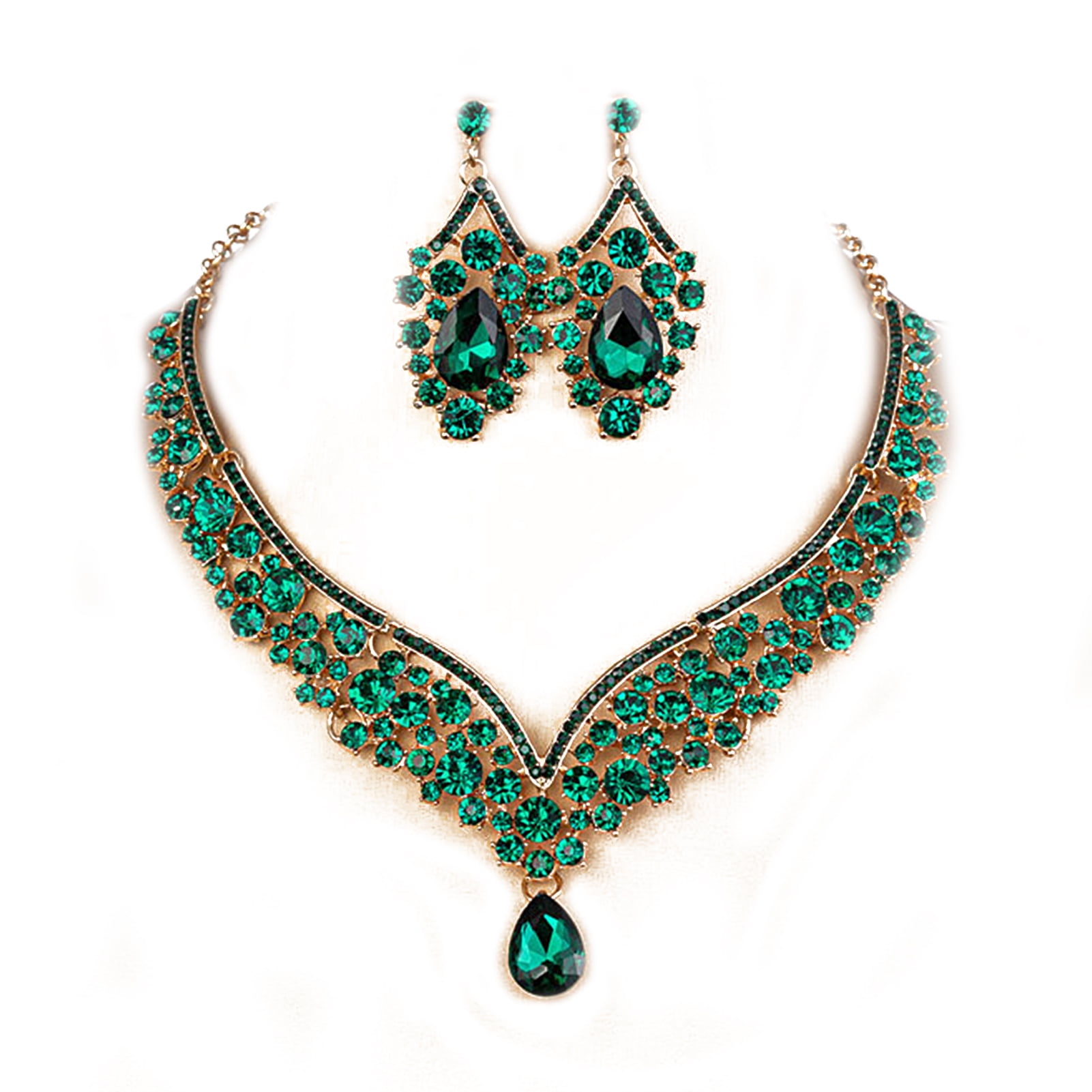 Superbe Parure Femme Or & Cristal – Collier + Boucles D’Oreilles En Acier Inoxydable Doré
