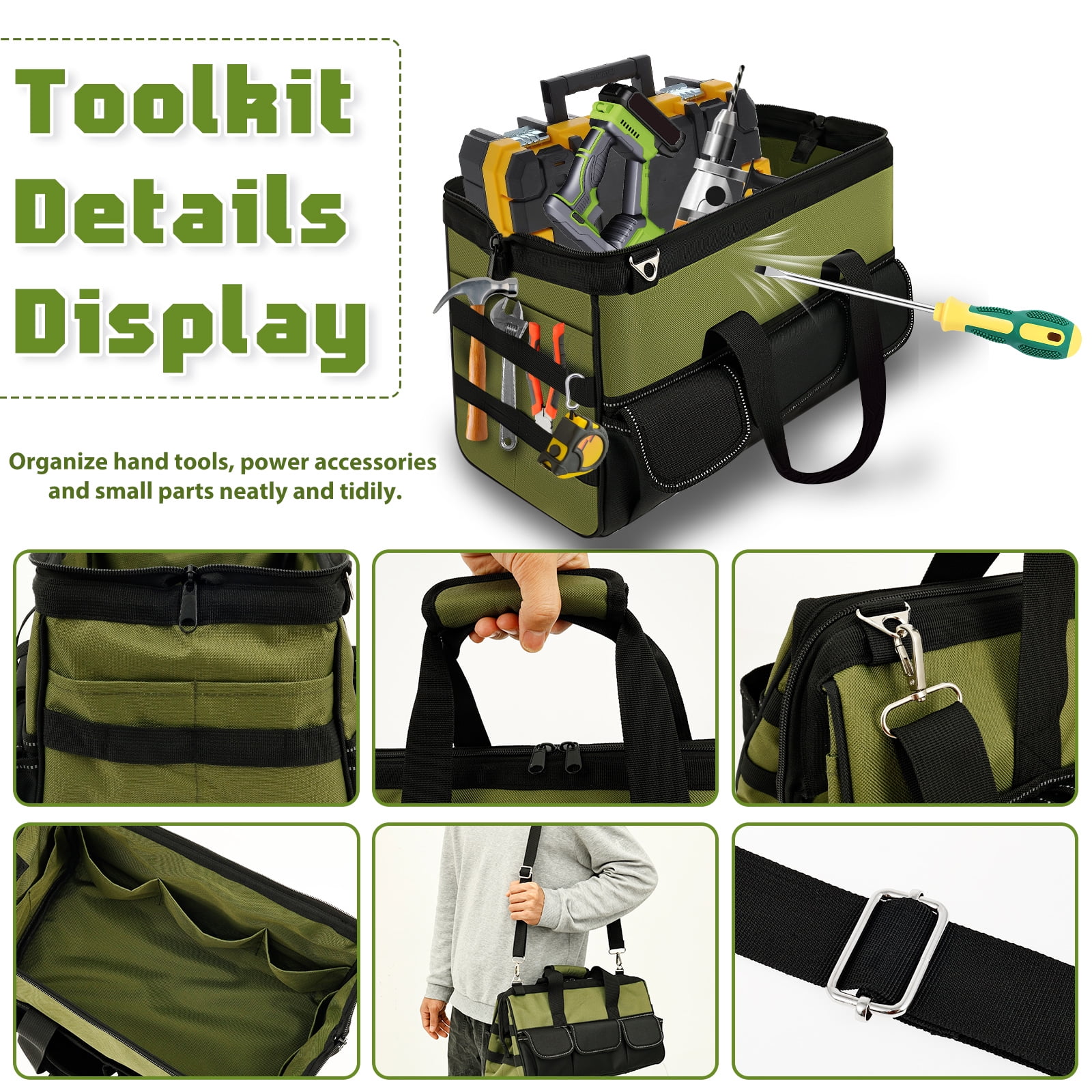 Heavy Duty Tool Bag 16 Inch，Portable Empty Tool Box Organizer with Multi Pocket and Wide Mouth for Repairmen Electrician Carpenter