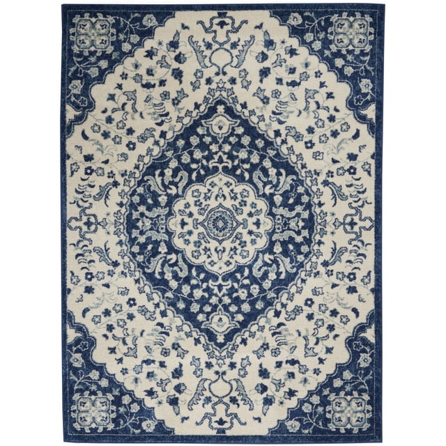 homeroots home decor 385625 4’ x 6’ Ivory and Blue Medallion Area Rug