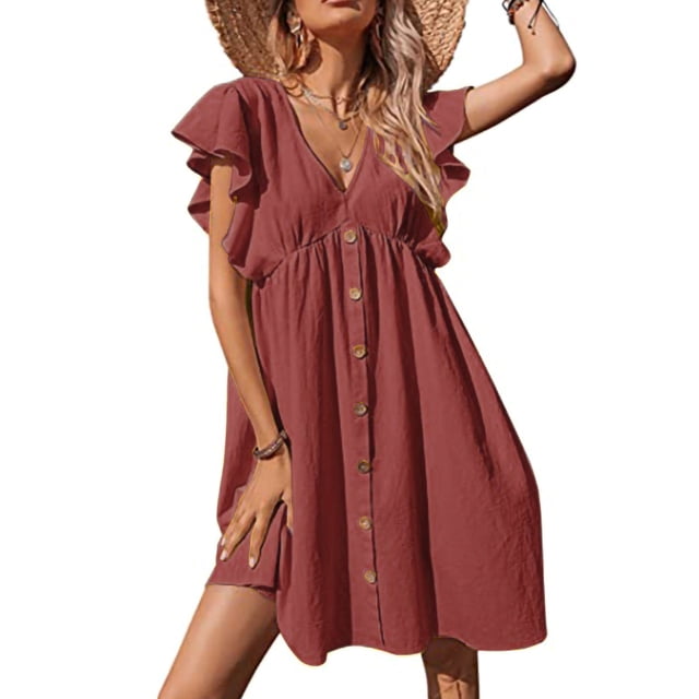 Bellella Robe Mini pour Femmes à Volants Robes Courtes Col en V Robe d'Été Décontractée Manches Femmes Rose P