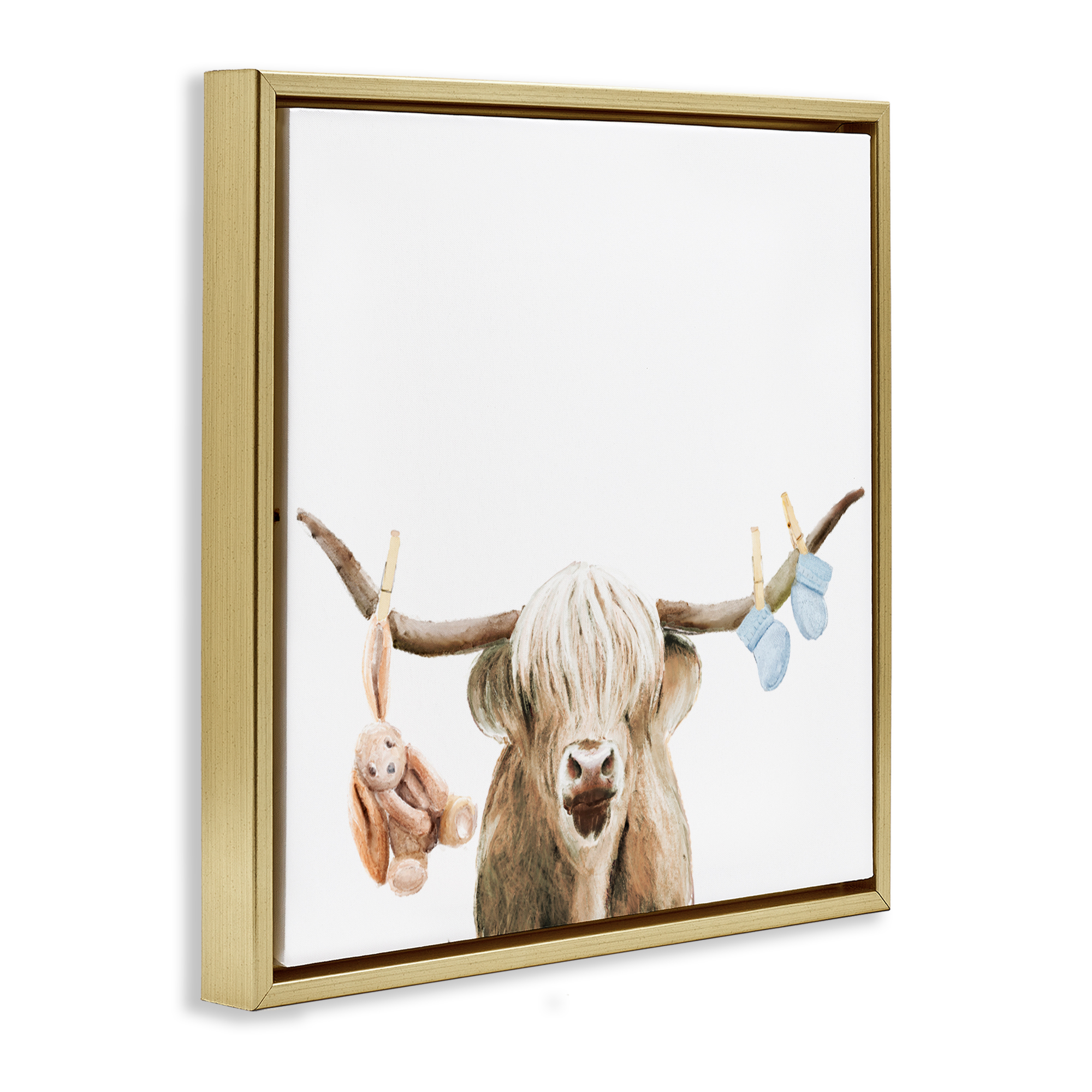 Highland Cow Baby Boy Gold Framed Floater Canvas Wall Art, design by Ali Lynne