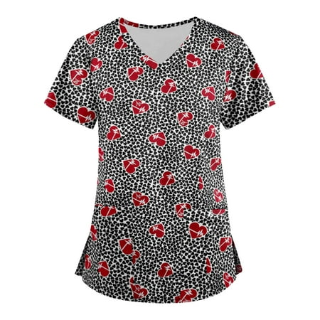 

Sksloeg Scrub Tops Women Clearance V-Neck Leopard Heart Printed T-Shirts Short Sleeve Workwear Nurse Uniform Tee with Pockets Red L