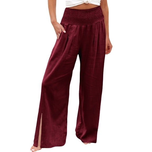 EDFBUYKRS Female Women Pants Casual Women's Pants Plus Size Petite High Waist Wide Leg Palazzo Prints Pants for Women Smocked Elastic Waist Loose Comfy Splitcasual Pajama Pants Pockets Xxl