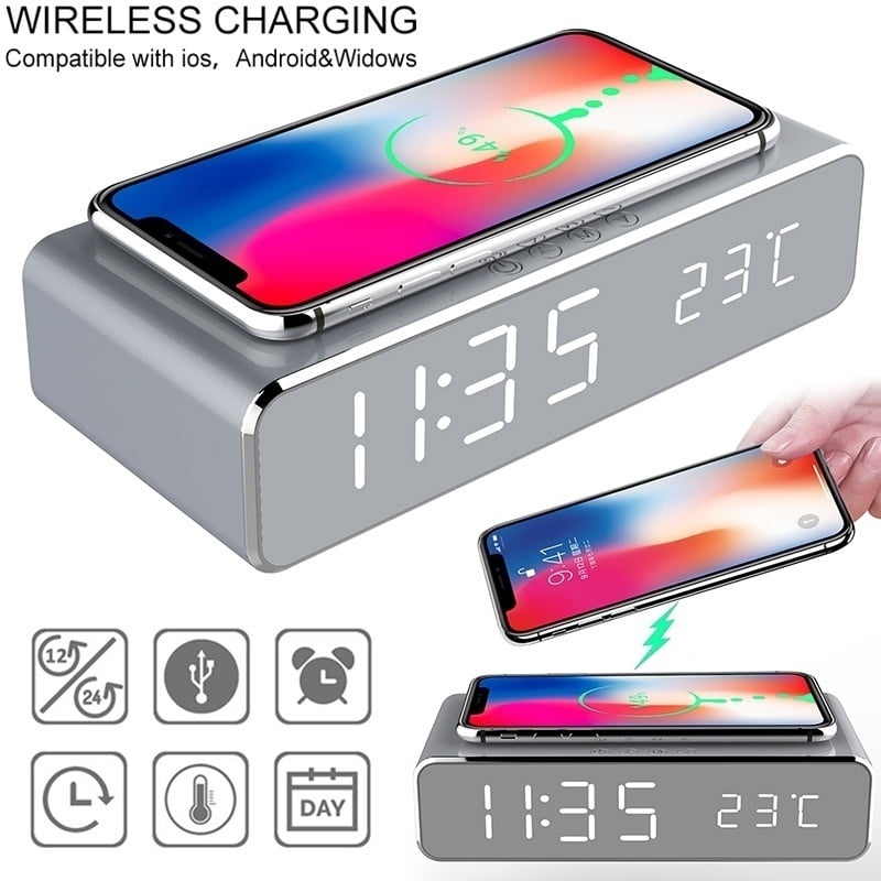 LED Electric Alarm Clock with Wireless Phone Charger Thermometer