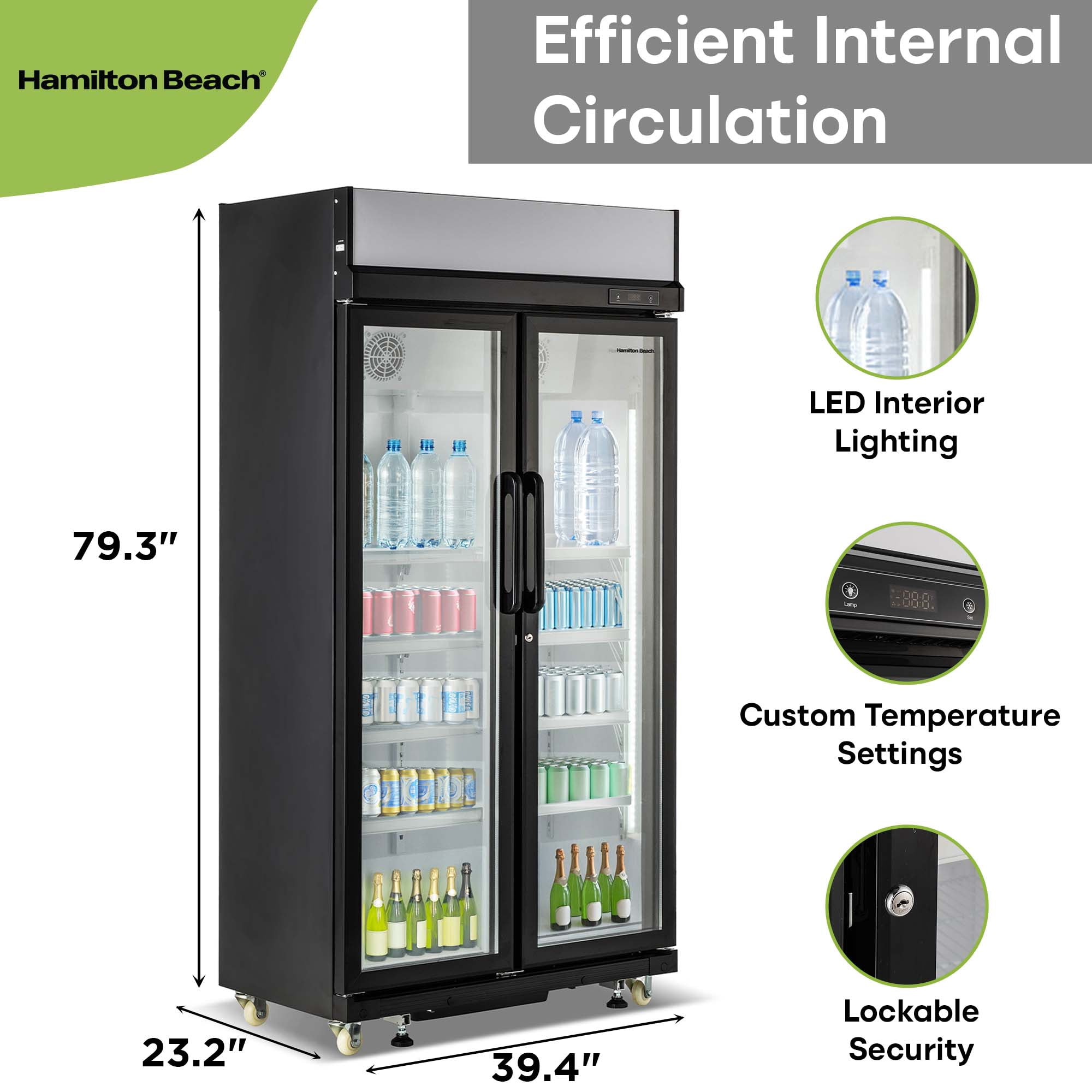 Hamilton Beach 20.5 Cu Ft Commercial Glass Door Refrigerator -W:39.4" x L:23.2" X H: 79.3" (Black)
