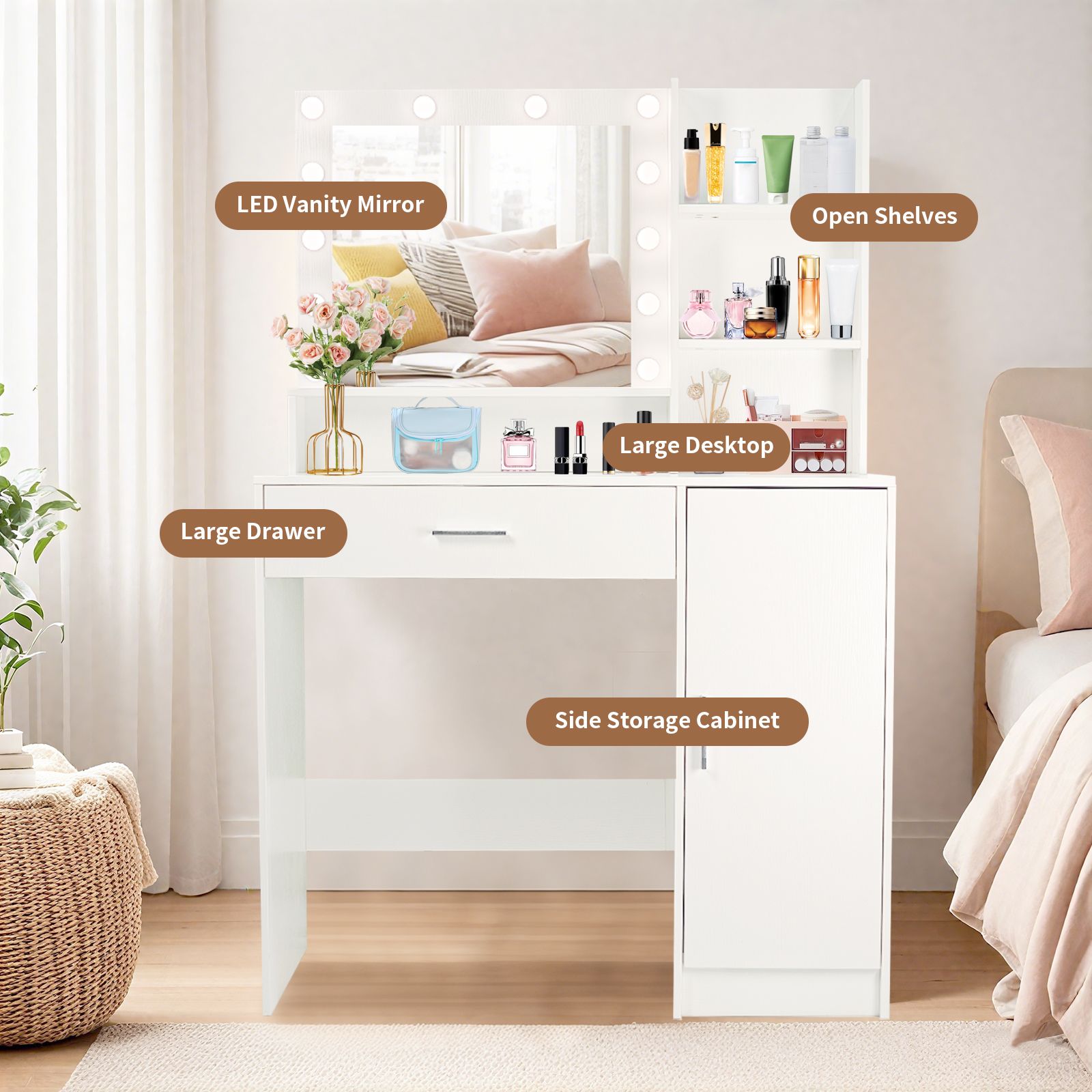 Vanity Desk with Mirror and Lights, Makeup Vanity with Drawer & Storage Cabinet, 3 Lighting Modes Adjustable Brightness, Dressing Table with Open Shelves for Bedroom, Dressing Room, White RR