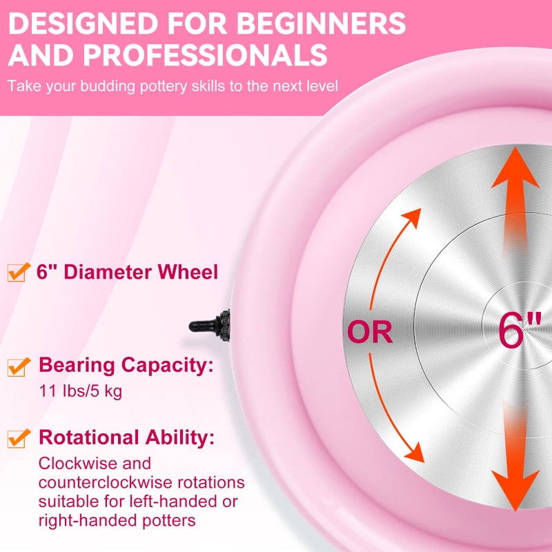 Mini Pottery Wheel，9.45”Pottery Wheel for Adults Beginners Kids, Movable Turntable with Adjustable Speed with 16 Pottery Shaping Tools，Pink