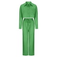 thumbnail image 5 of QUYUON Women 2 Piece Pants Set Casual Outfits Button-Down Cropped Shirts Long Sleeve Crop Tops Elastic Waist Long Pants Lounge Sets 2 Piece Jackets Outfits Sets with Pockets Green S, 5 of 7