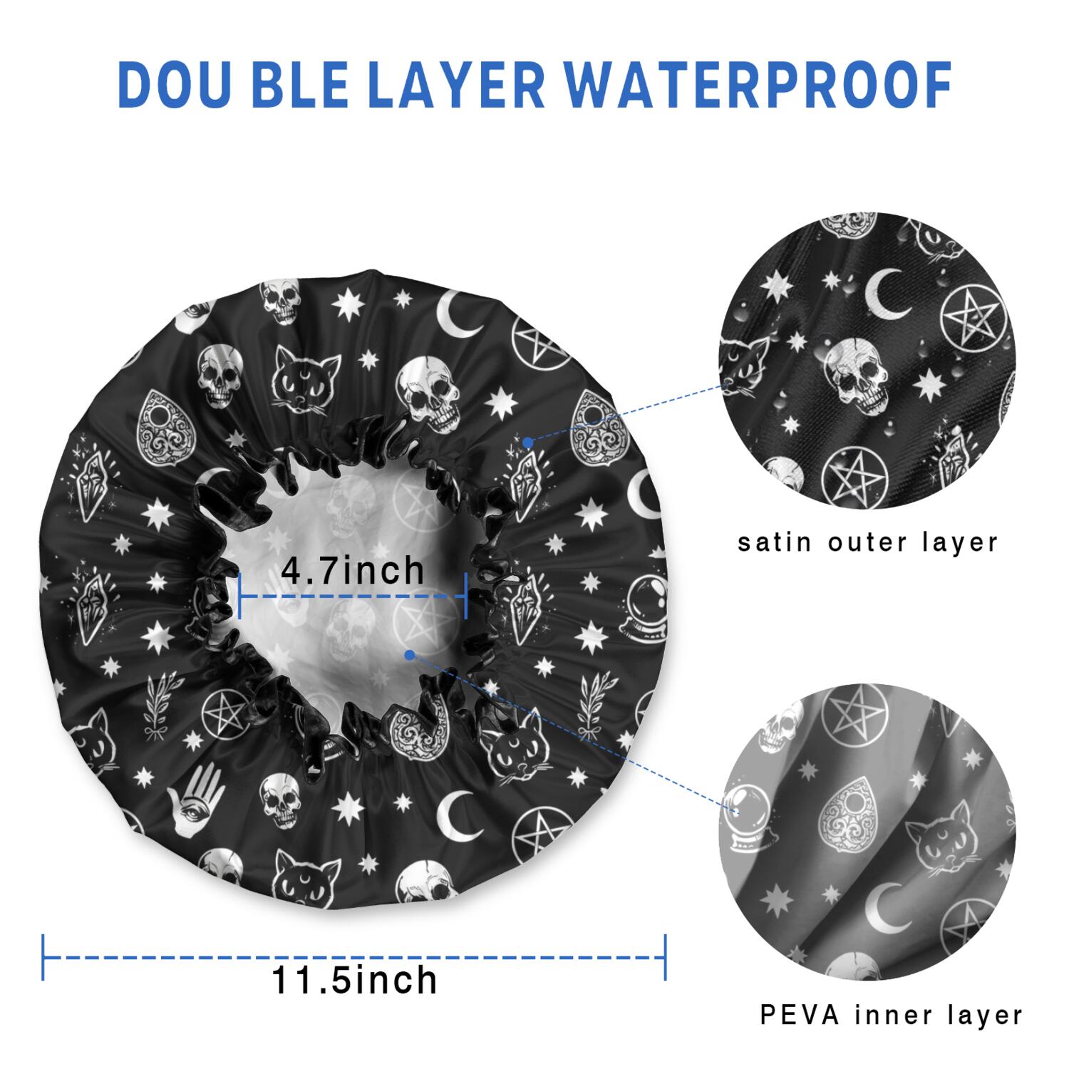 Shower Caps,Black Gothic Skull Star Pattern Waterproof Shower Cap for Women 4 Pieces,Double Reusable Hair Cover for Shower PEVA Elastic Stretch Hem