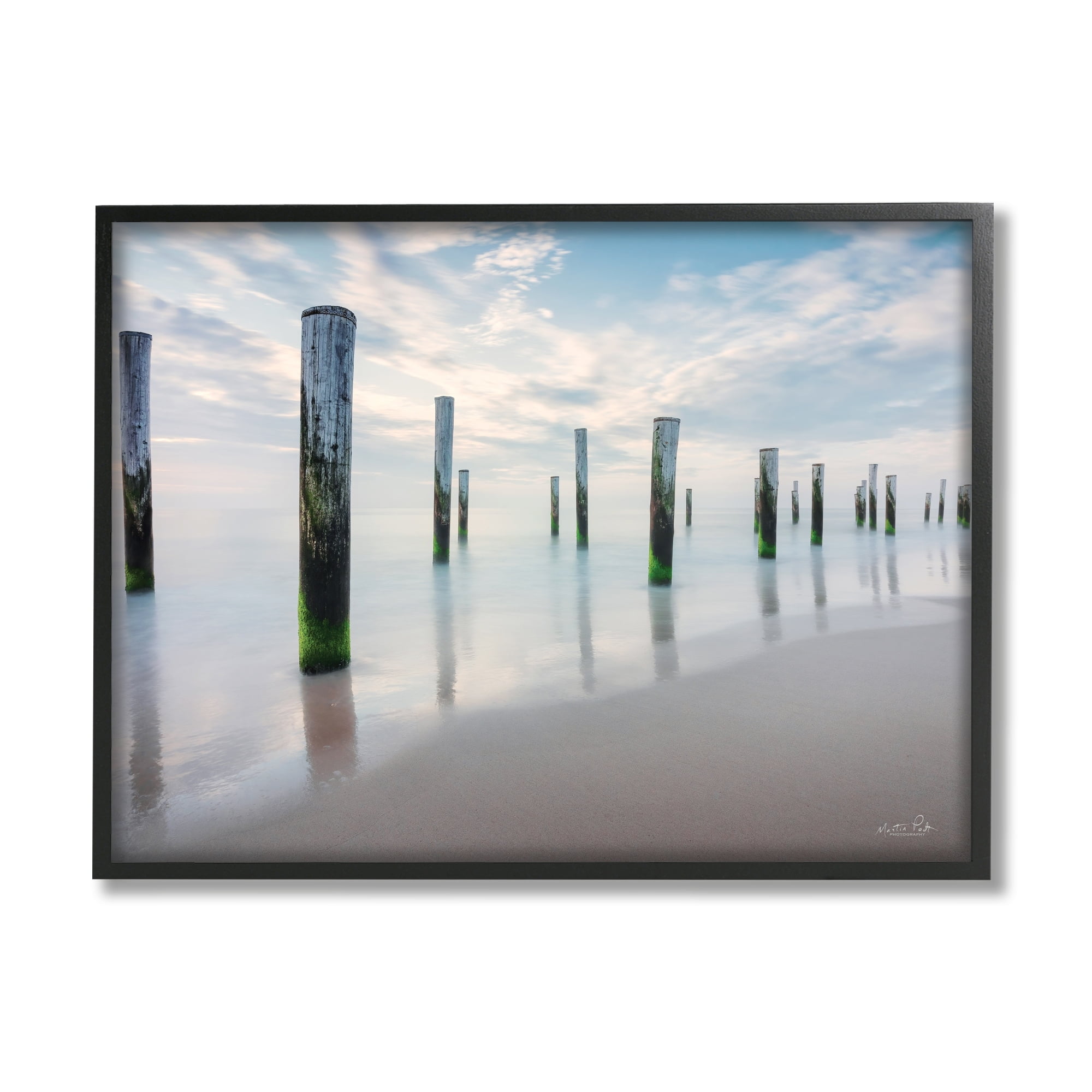 Stupell Industries Nautical Beach Ocean Post Panoramic Cloudy Sky Photography White Framed Art Print Wall Art, 30x24, by Martin Podt