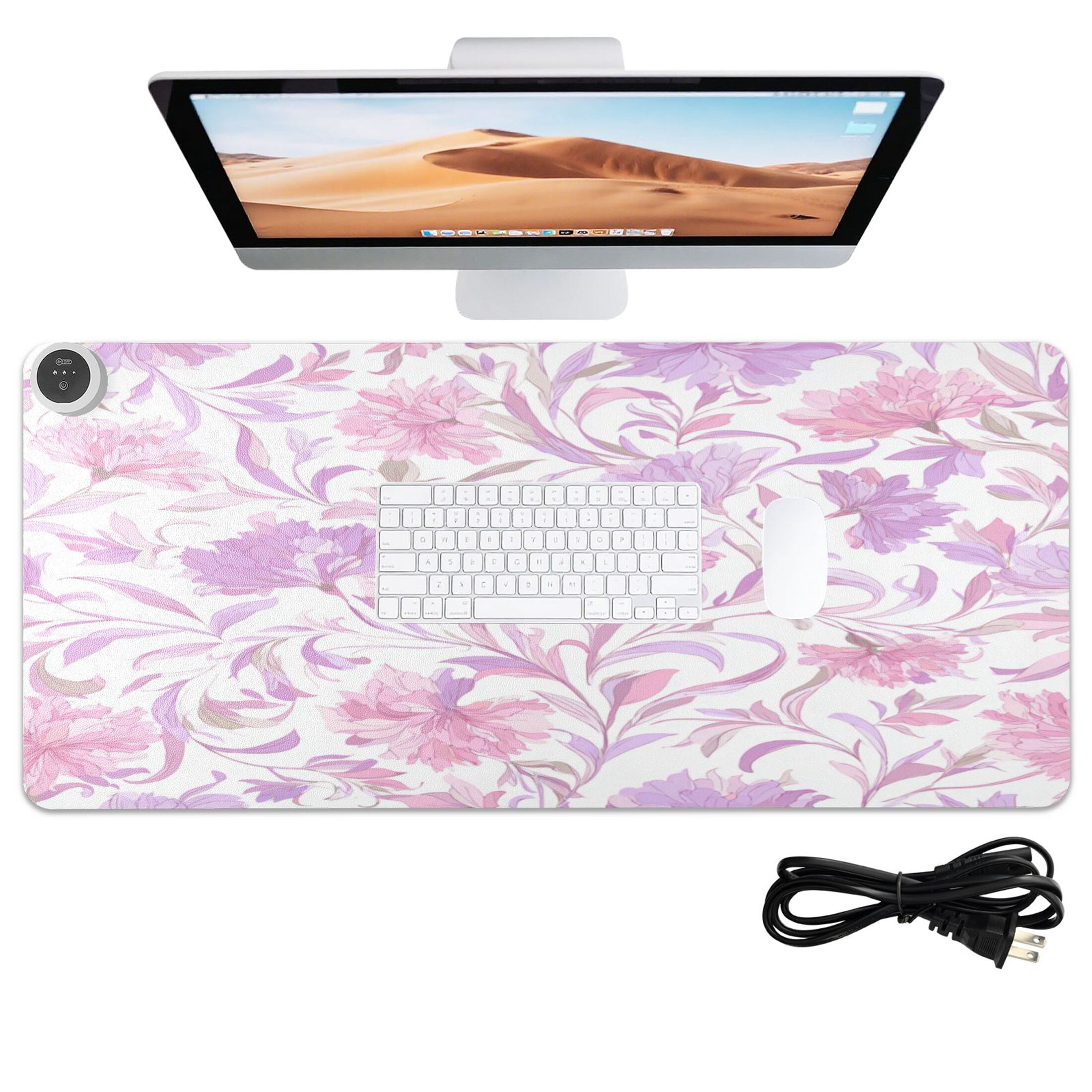 Large Heated Desk Mat Mouse Pad 31.5"x13"PU Leather Graphene Heating Desk Warmer with 3 Temperature Settings 110V US Plug Non-Slip Warm Pad for Home, Office, and Gaming Pink Colors Whimsical Flowers