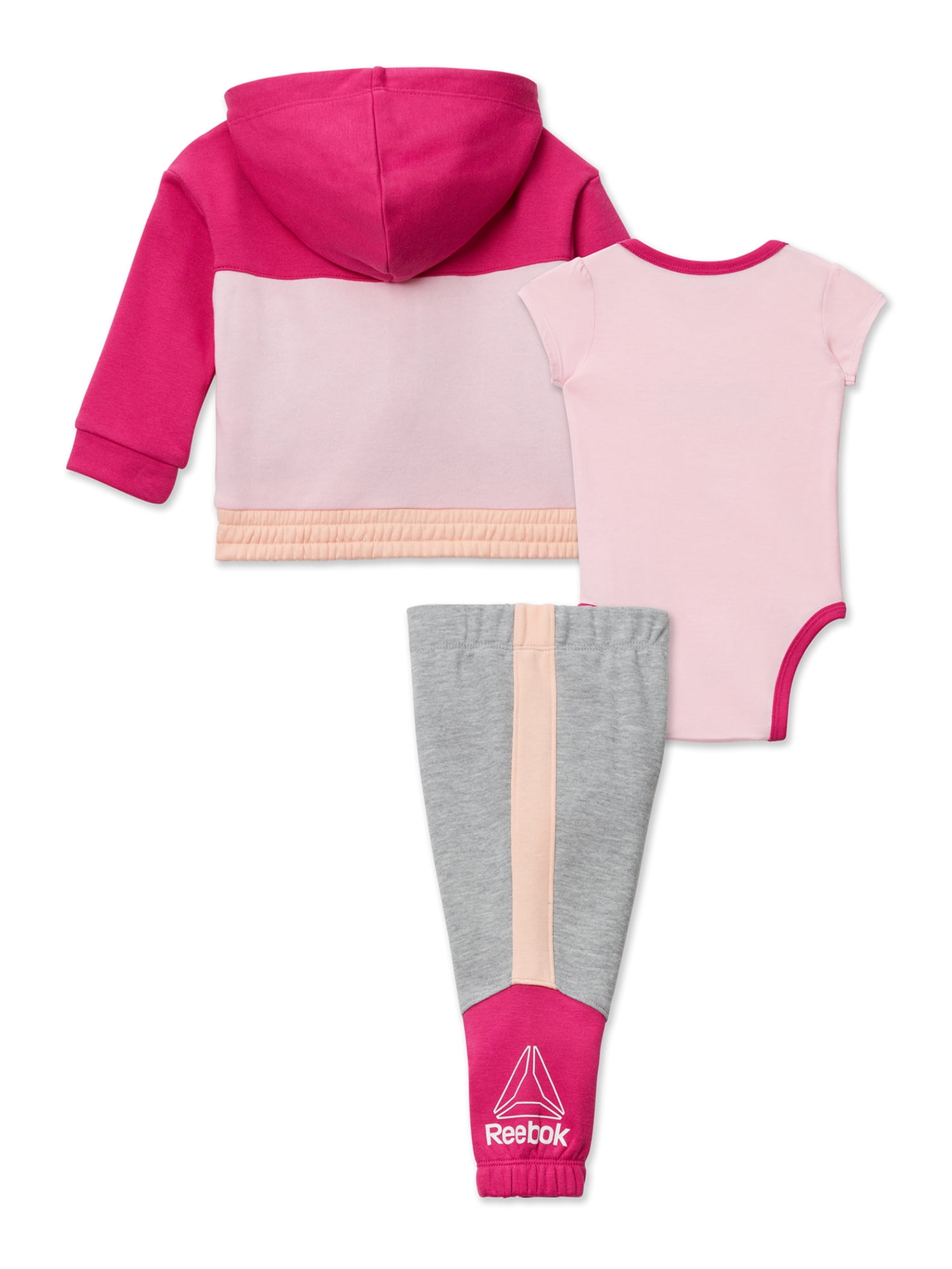 Reebok Baby Girl's Hoodie, Jogger and Bodysuit Outfit Set, 3 Piece, Sizes 0/3-24 Months