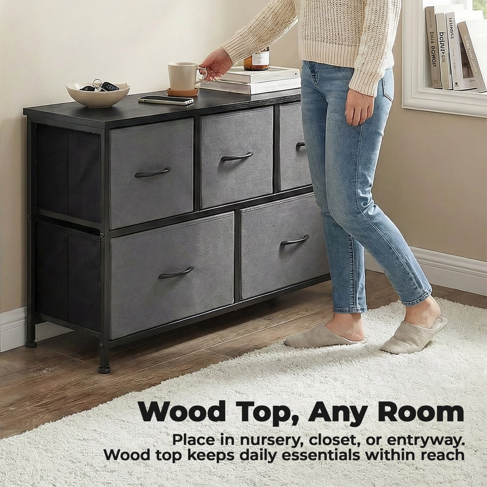 Alvantor Tall Dresser Fabric Storage Tower ,Wooden Top for Kid Room, Closet, Entryway, Nursery