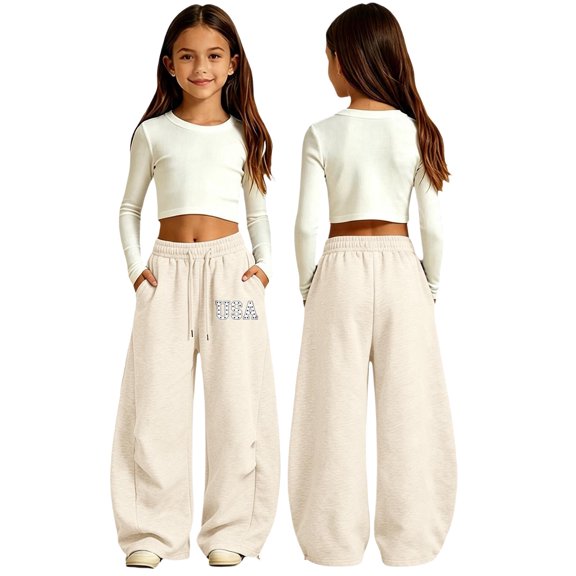 SJLDQY Sweatpants for Girls Trendy Graphic Baggy Pants Drawstring Waist Straight Leg Pants with Pockets