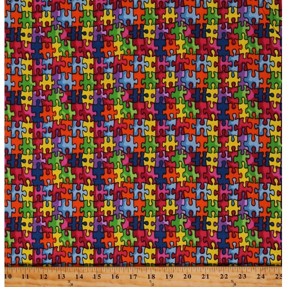 Cotton Puzzle Pieces Autism Awareness Jigsaw Multi-Color Cotton Craft Fabric Print by the Yard (19596-X)