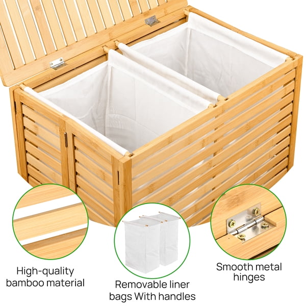 Bamboo Laundry Hamper with Lid – Foldable Clothes Basket with 2-Section Removable Liner Bag, Space-Saving Laundry Sorter for Bathroom, Bedroom, and Laundry Room