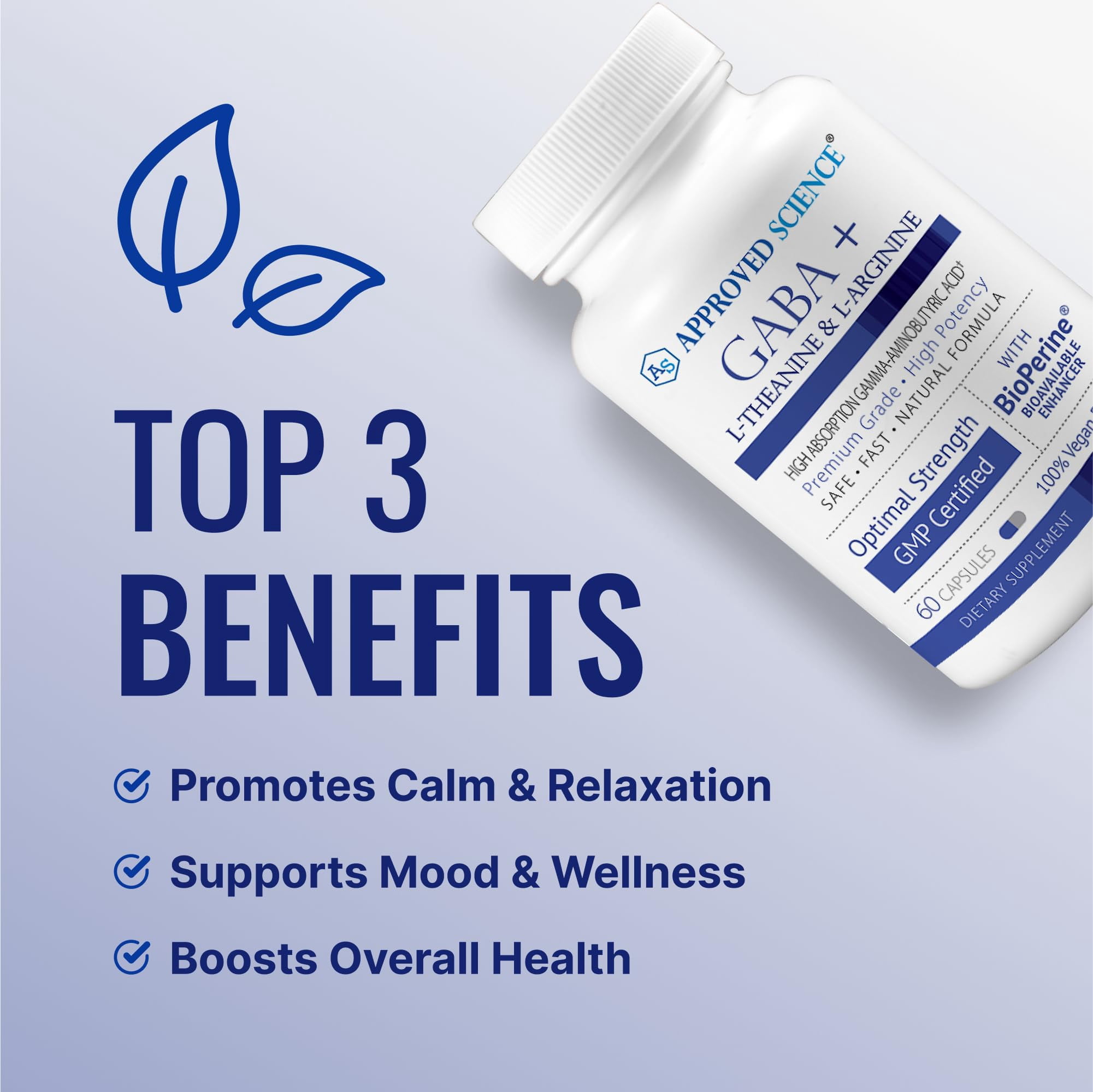 Approved Science GABA+ - Promote Calm, Improve Sleep, Boost Mood - GABA, L-Theanine, L-Arginine, Vitamin B6, BioPerine - High Absorption - 60 Capsules - Vegan
