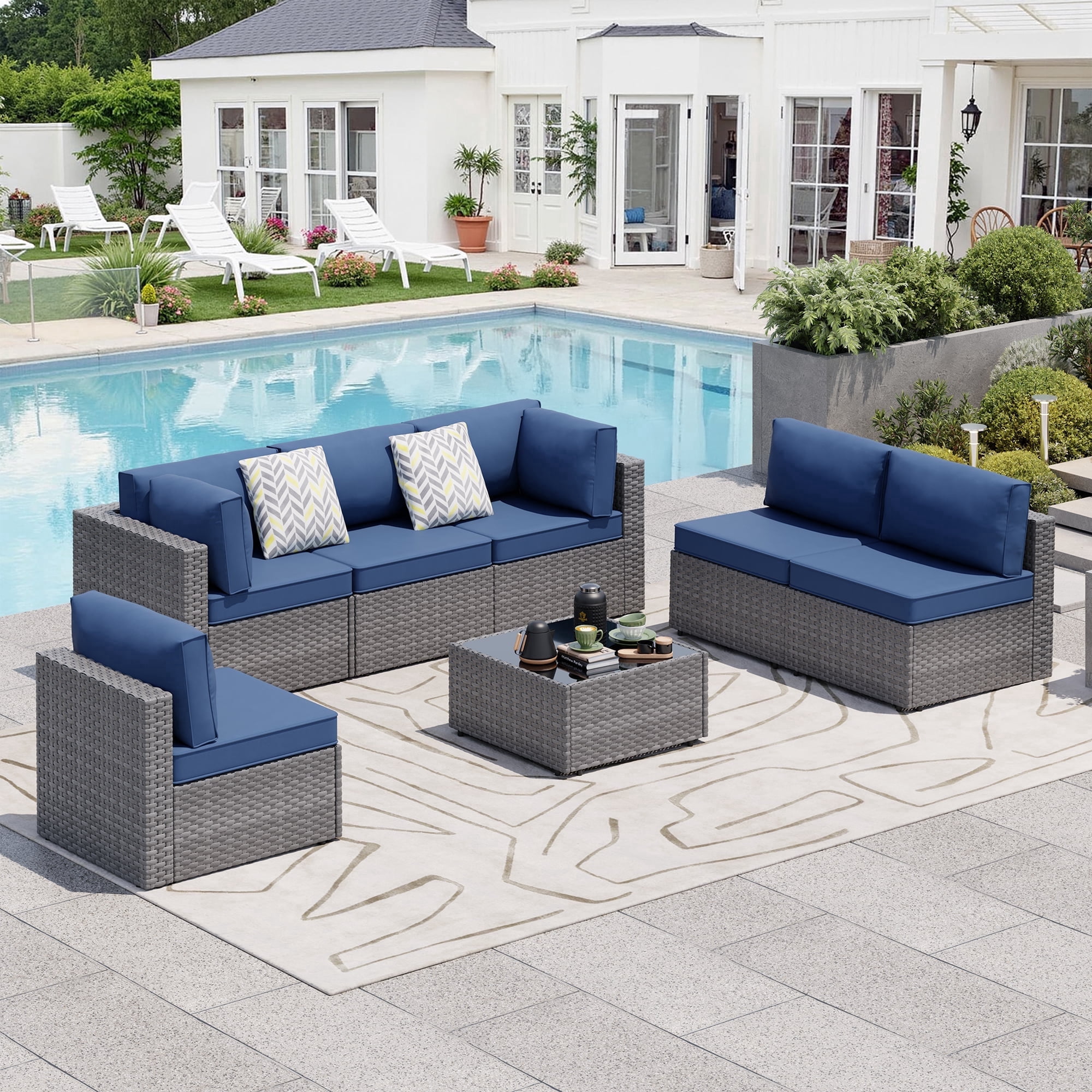 Walsunny 7 Piece Outdoor Patio Furniture Set, All-Weather PE Rattan Wicker Modular Sectional Conversation Sofa Set with Thick Cushions & Glass Coffee Table for Backyard, Poolside, Garden, Aegean Blue