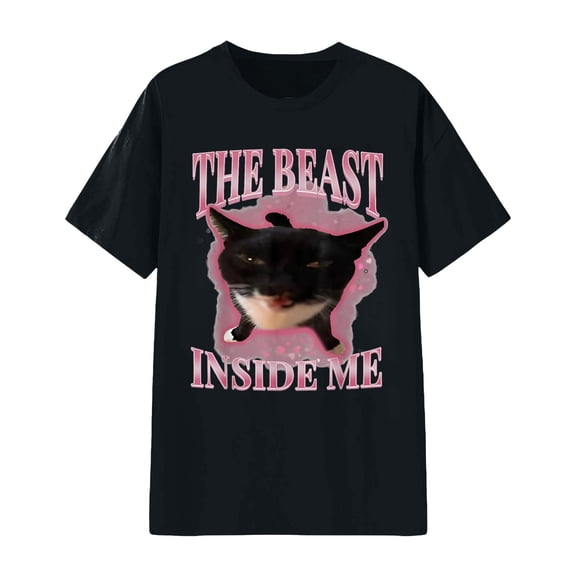 Tiweut Womens Casual Tees The Beast Inside Me Funny Cat Meme for Women T-Shirt,Black,L