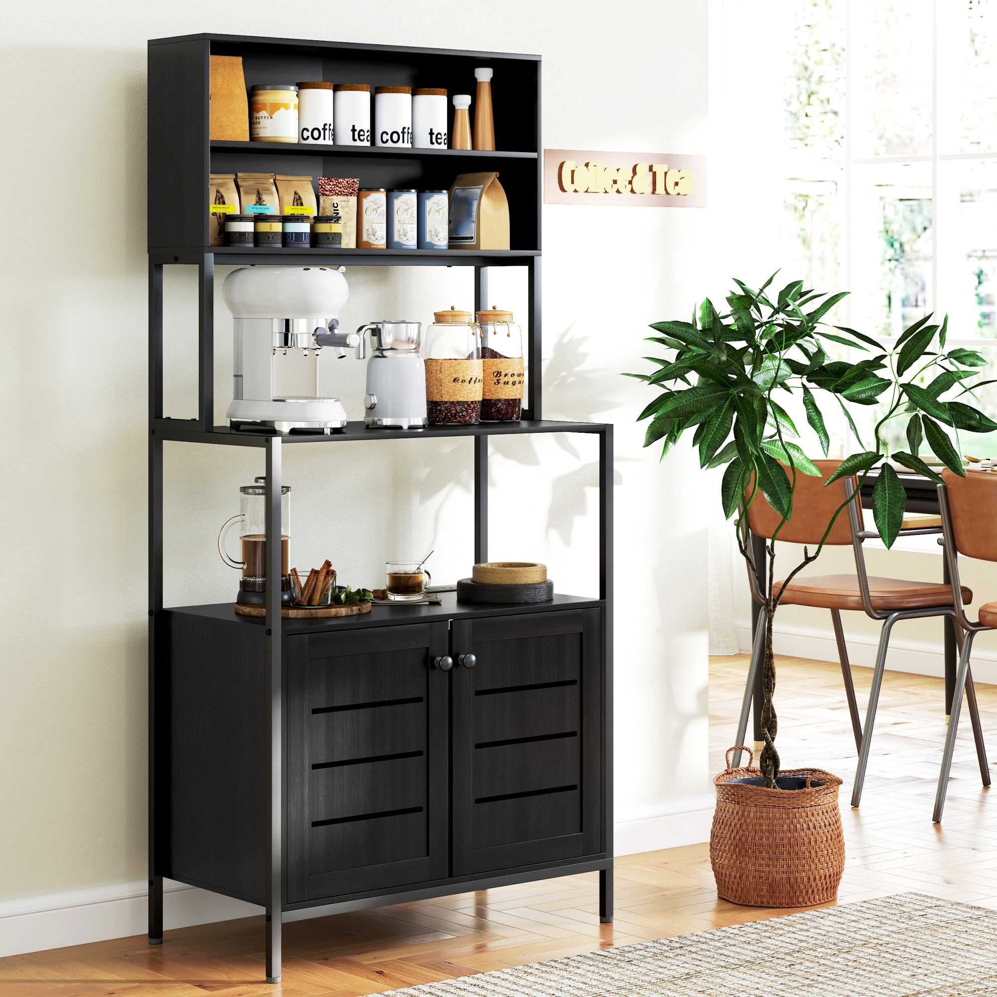 HOMCOM Baker's Rack with Power Outlet, Coffee Bar Cabinet with Storage Shelves, Microwave Stand with Louvred Door Cabinets, Black