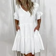 thumbnail image 2 of JGGSPWM Women's Dresses V Neck Solid Pocket Dress Casual Regular Fit Short Sleeve Summer Dress A-line Ruffle Dress White XL, 2 of 9