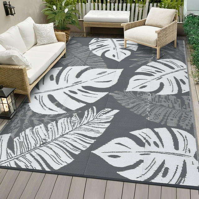 Hasoo 10' x 14' Gray/White Outdoor Rug Plastic Straw Rug Floral Waterproof PP Tube Woven Picnic Mat for Patio Decor Porch Balcony Picnic Rug