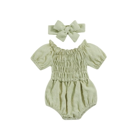 

Newborn Baby Girl Clothes Set Short Sleeve Pleated Romper Summer Jumpsuit with Headband Summer Outfit