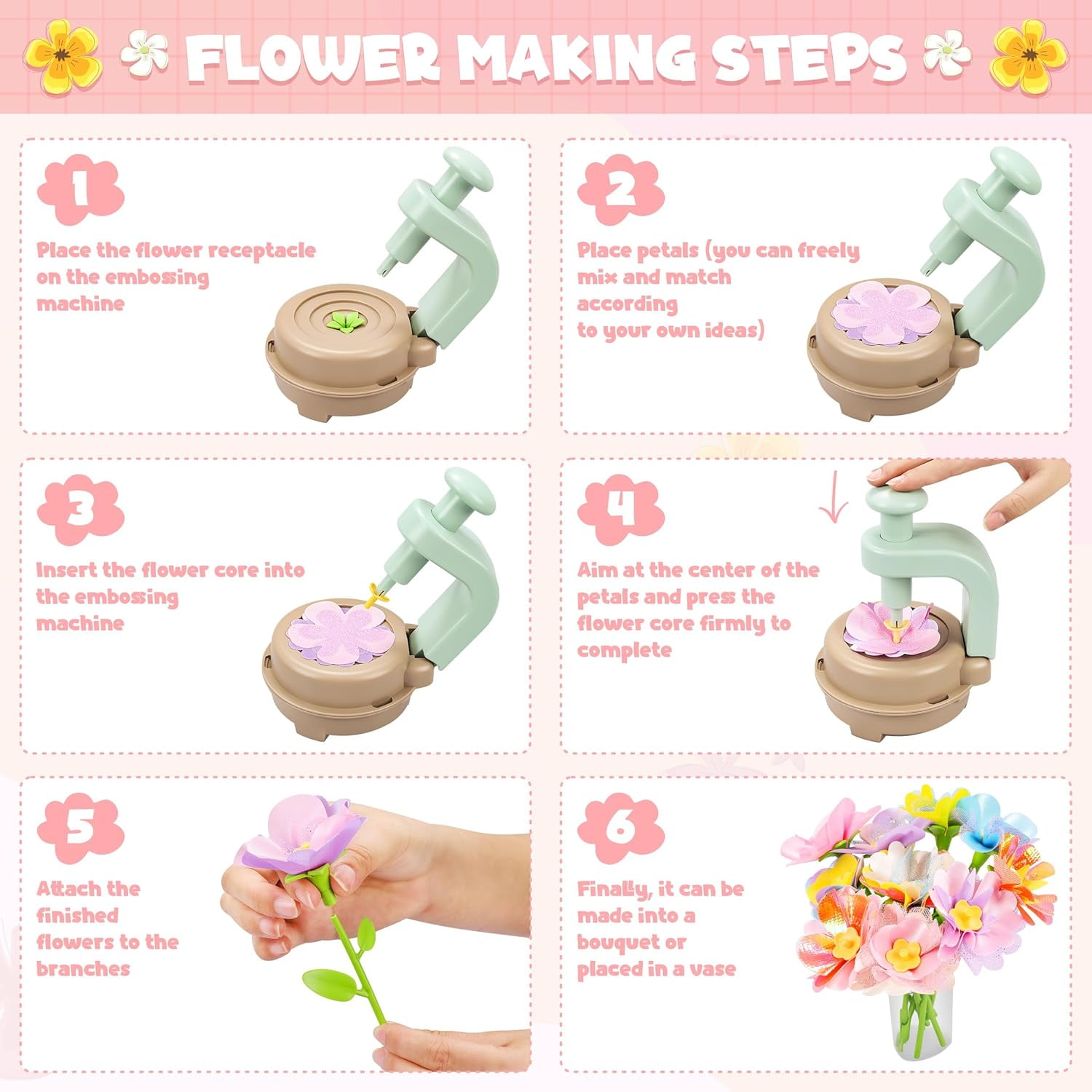 Fabric Flower Bouquets Toys for Kids, Educational Arts & Crafts Kit,  Flower Making Set for 4-8 Year Old Girls
