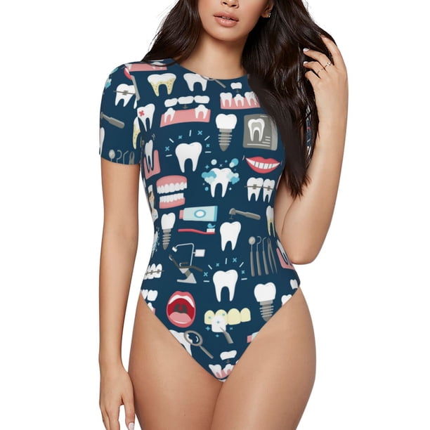 Balery Dental Body de cuello redondo de manga corta para mujer Tops de manga corta Tops básicos-Large