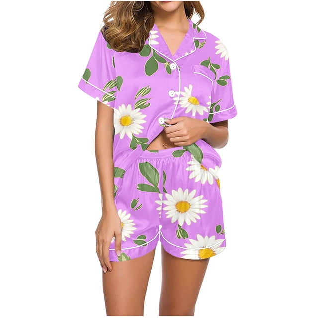 Jamicy Pyjama Super Doux pour Femmes Mode Décontractée Imprimé Haut à Manches Courtes à Col à Revers avec Short Ample Confortable Ensemble de Pyjama pour la Maison