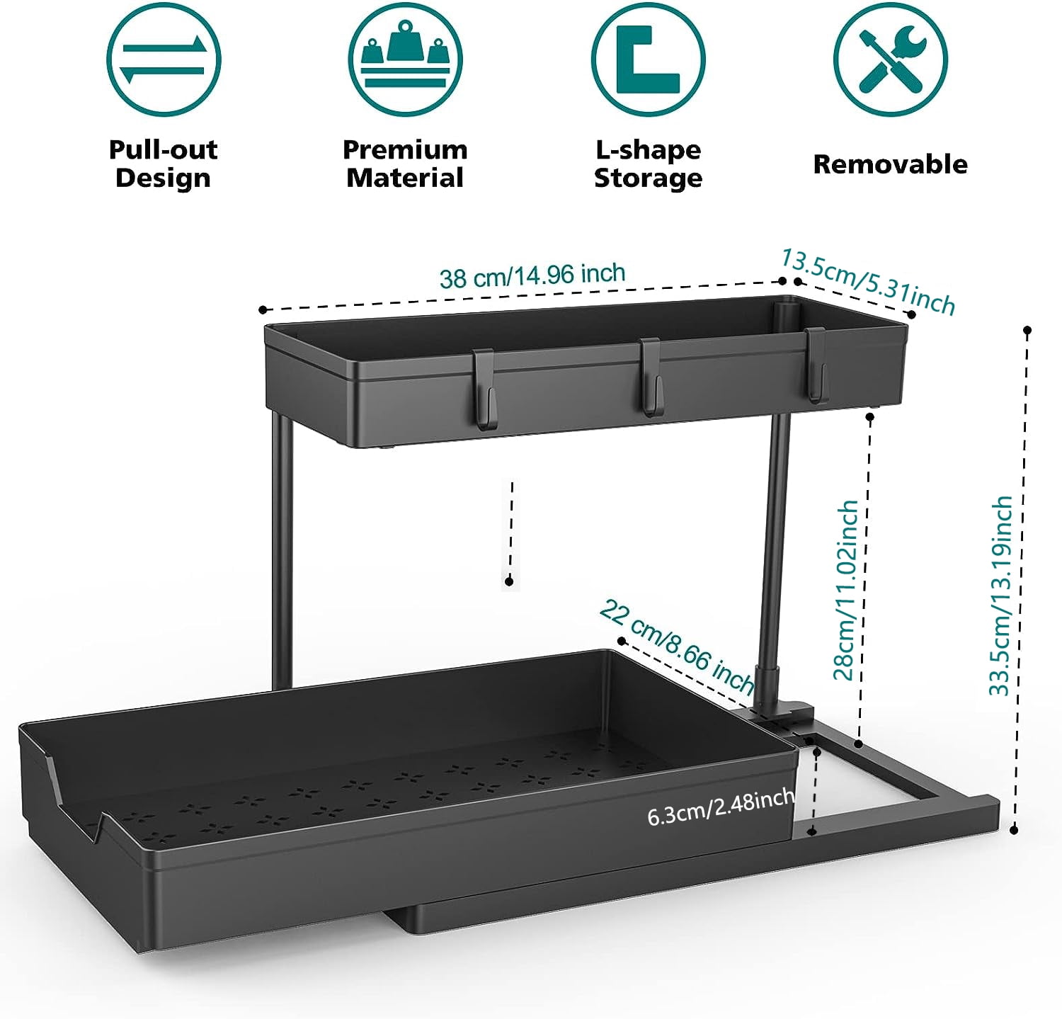 PHANCIR 2-Pack Under Sink Organizer Storage, 2 Tier L-Shape Multi-Purpose Large Capacity Kitchen Under Sink Organizers for Narrow Space Easy Access Sliding Storage Drawer with Hooks for Bathroom