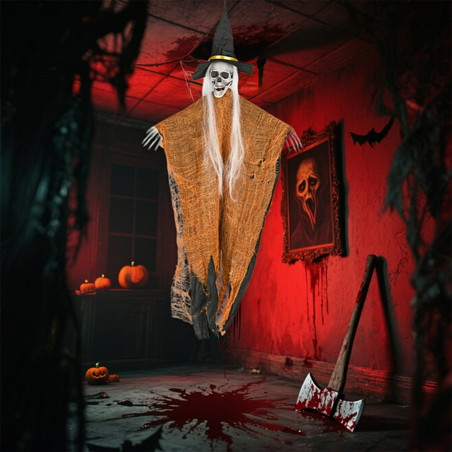 COM1950s Halloween Hanging Decorations,37In Posable Skeleton Witch with Movable Jaw and Bendable Arms,Haunted House Scary Decor for Indoor Outdoor Party,Foldable Halloween Prop