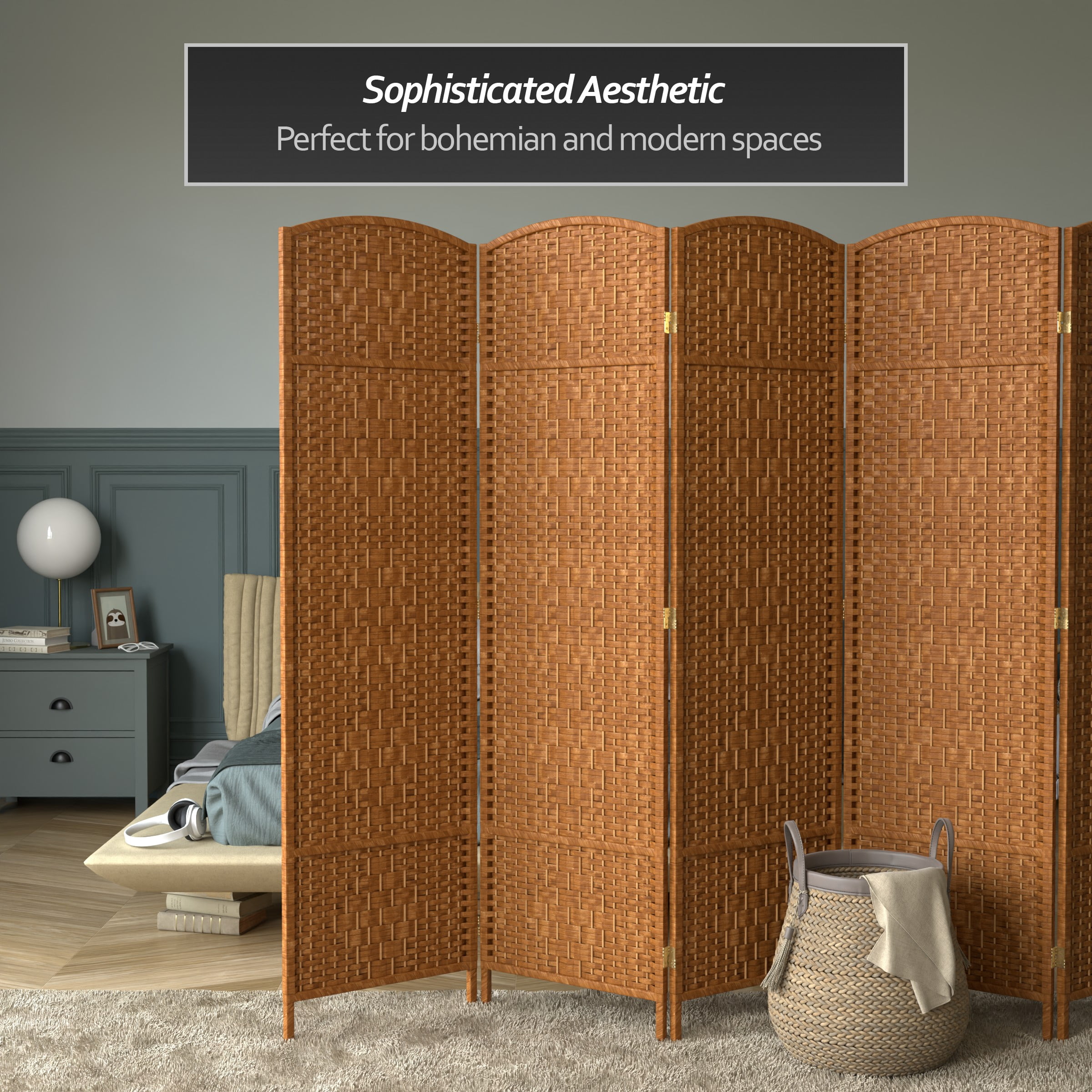 Red Lantern 6 ft. Tall Diamond Weave Fiber Room Divider - Dark Beige - 5 Panel