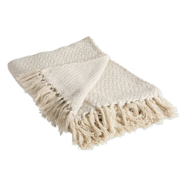 Beige and White Rectangular with ZigZag Pattern Design Throw Blanket