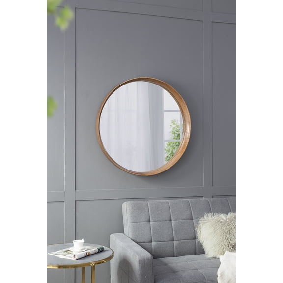 31.5" Round Pine Wood Mirror, Wall Mounted Mirror Home Decor for Bathroom Living Room