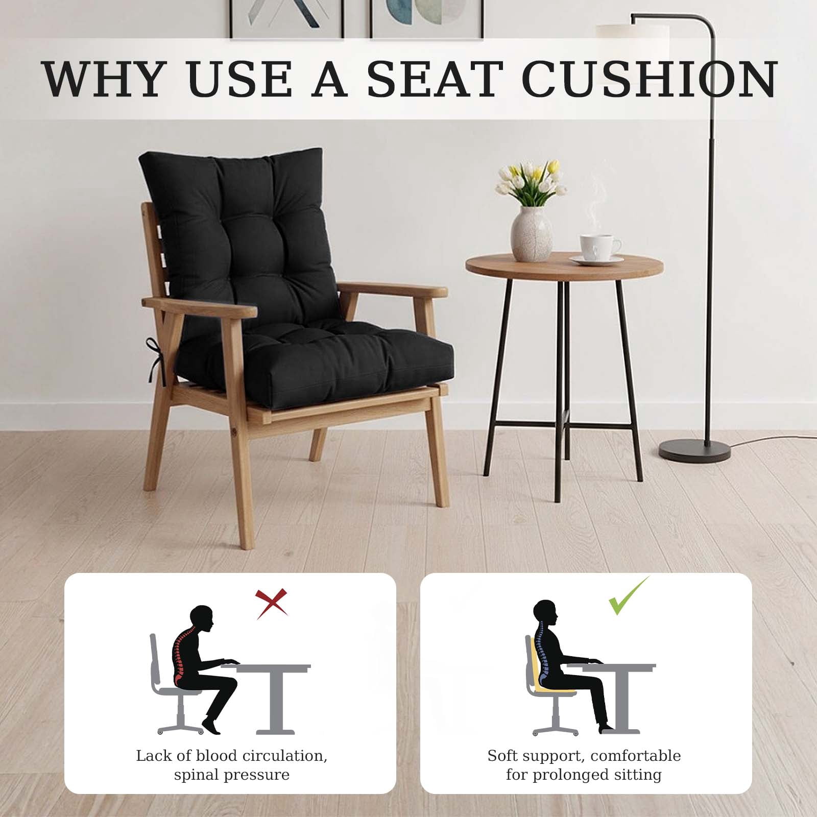 Eurhowing Waterproof Patio Rocking Chair Cushions 1-Piece, 3" Thick Outdoor Chair Cushion with Ties, Non-Slip Seat Pad for Garden Lawn Furniture, 2Pack, Black