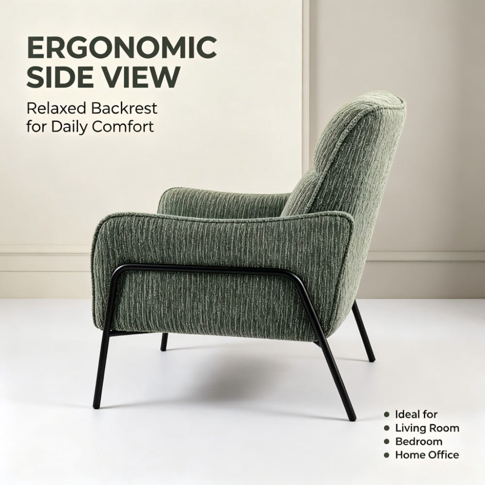 Modern Striped Accent Chair, Upholstered Armchair with Black Metal Frame, Padded Lounge & Reading Chair with Lumbar Pillow for Living Room, Bedroom & Office, Green